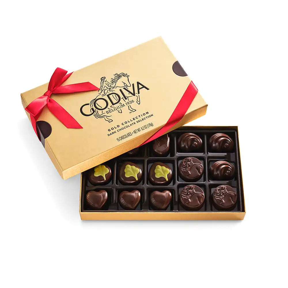 Dark Chocolate Gold Gift Box, Red Ribbon, 15pc.