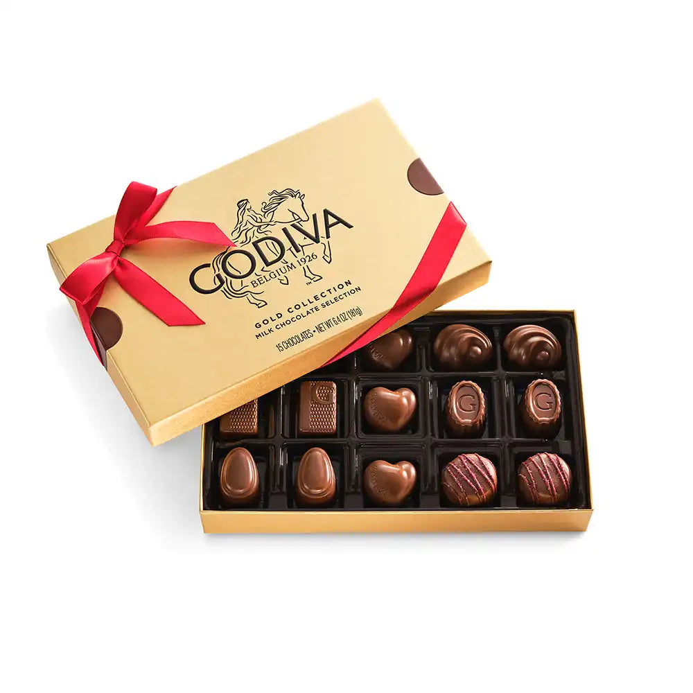 Milk Chocolate Gold Gift Box, Red Ribbon, 15pc.