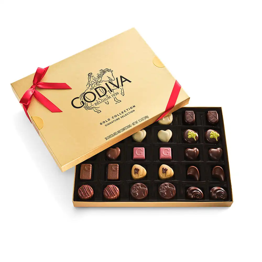 Assorted Chocolate Gold Gift Box, Red Ribbon, 30pc.